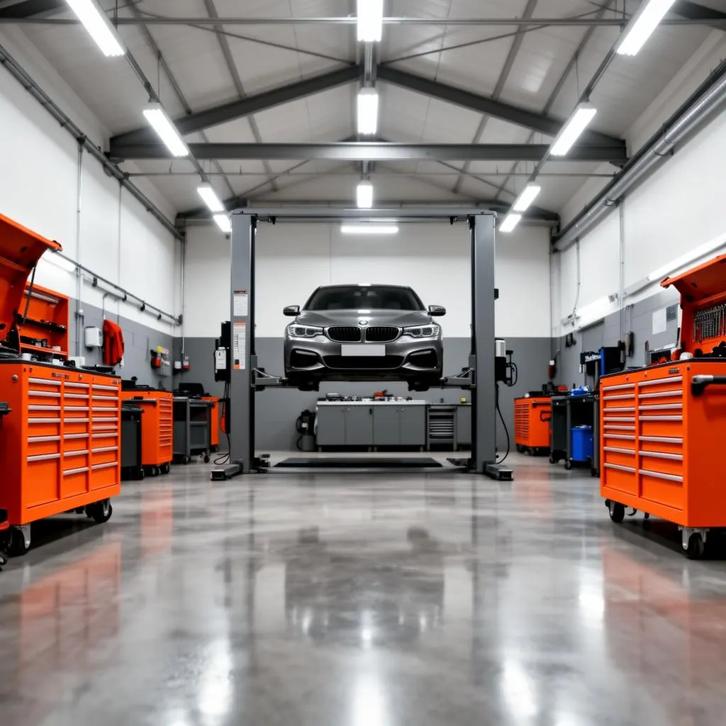 Pro Auto Essex workshop with car on a hydraulic lift